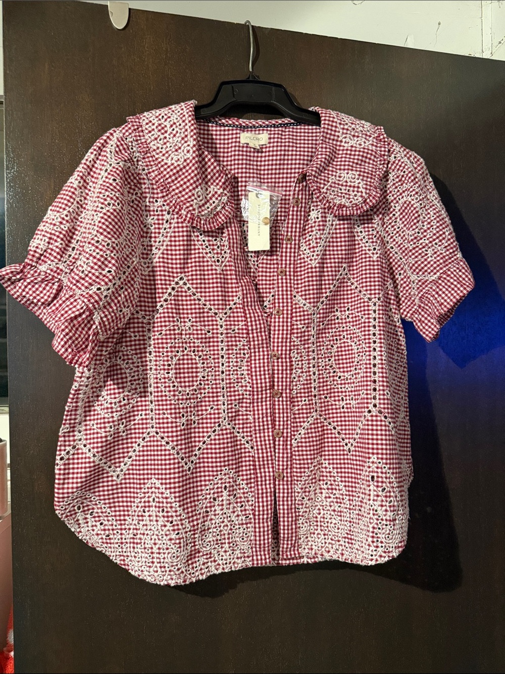Pilcro from Anthropologie Red Gingham Eyelet Button-Down Top